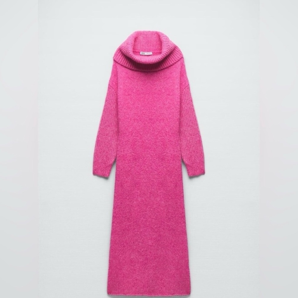 Zara Vibrant Pink Cowl Neck Sweater Dress - Picture 2 of 8